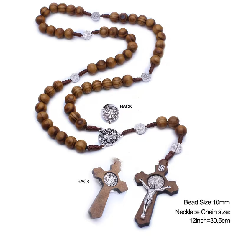 Rosario de Madera Natural con Cruz y Medalla de San Benito – Protección y Fe Tradicional